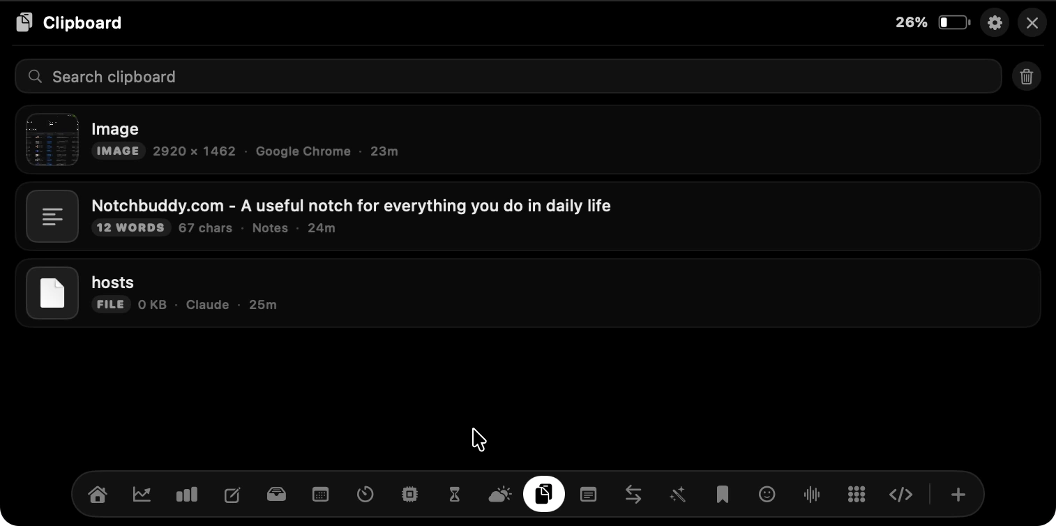 The Clipboard panel with a searchable history of copied images, links and files