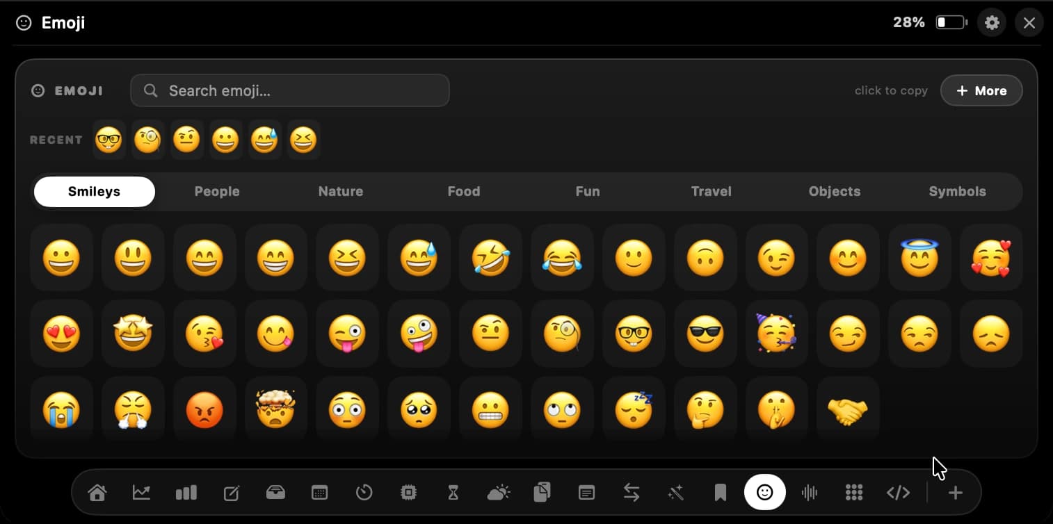 The Emoji panel showing the full picker with category tabs