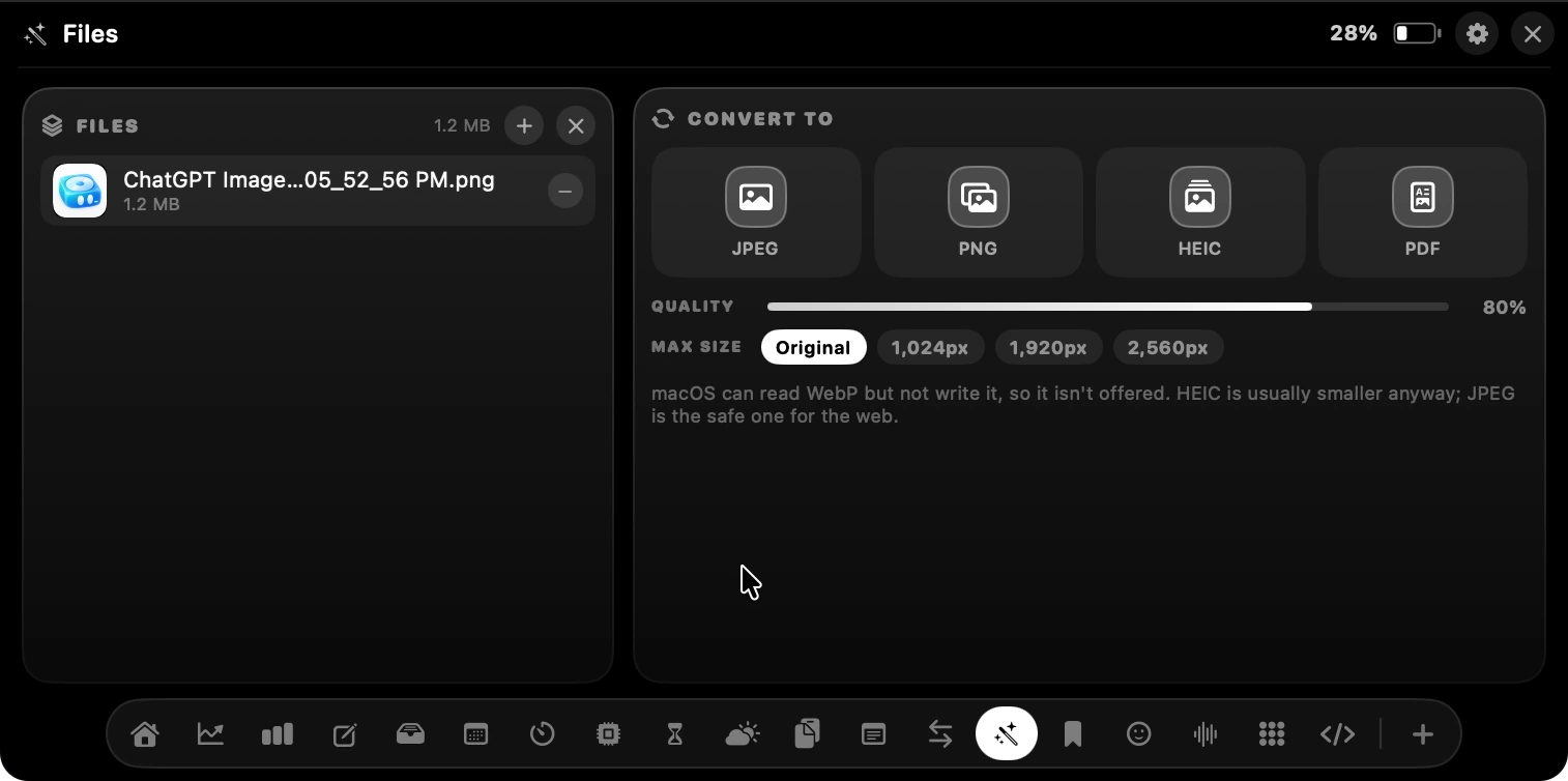 The Files panel converting a PNG with format, quality and max-size controls