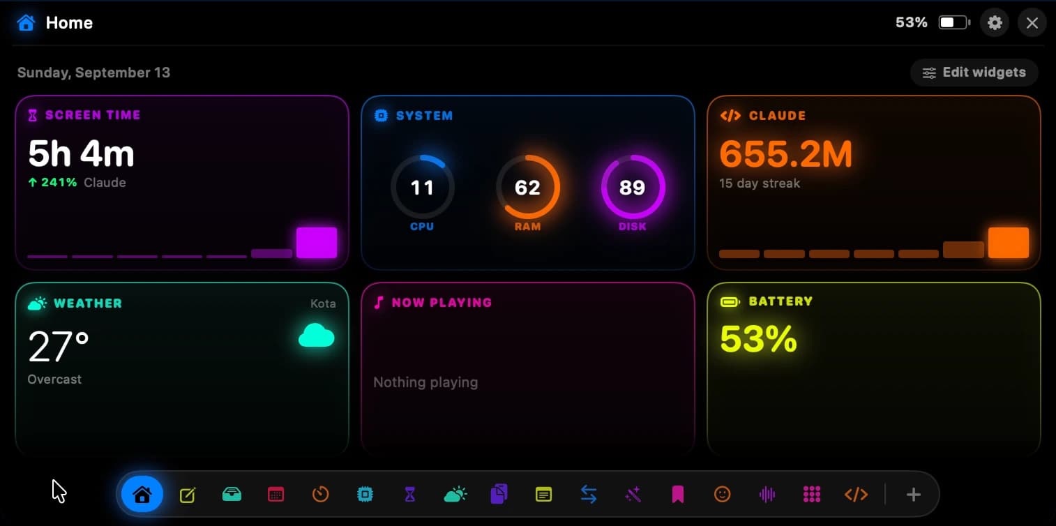 The Home panel in the Neon theme