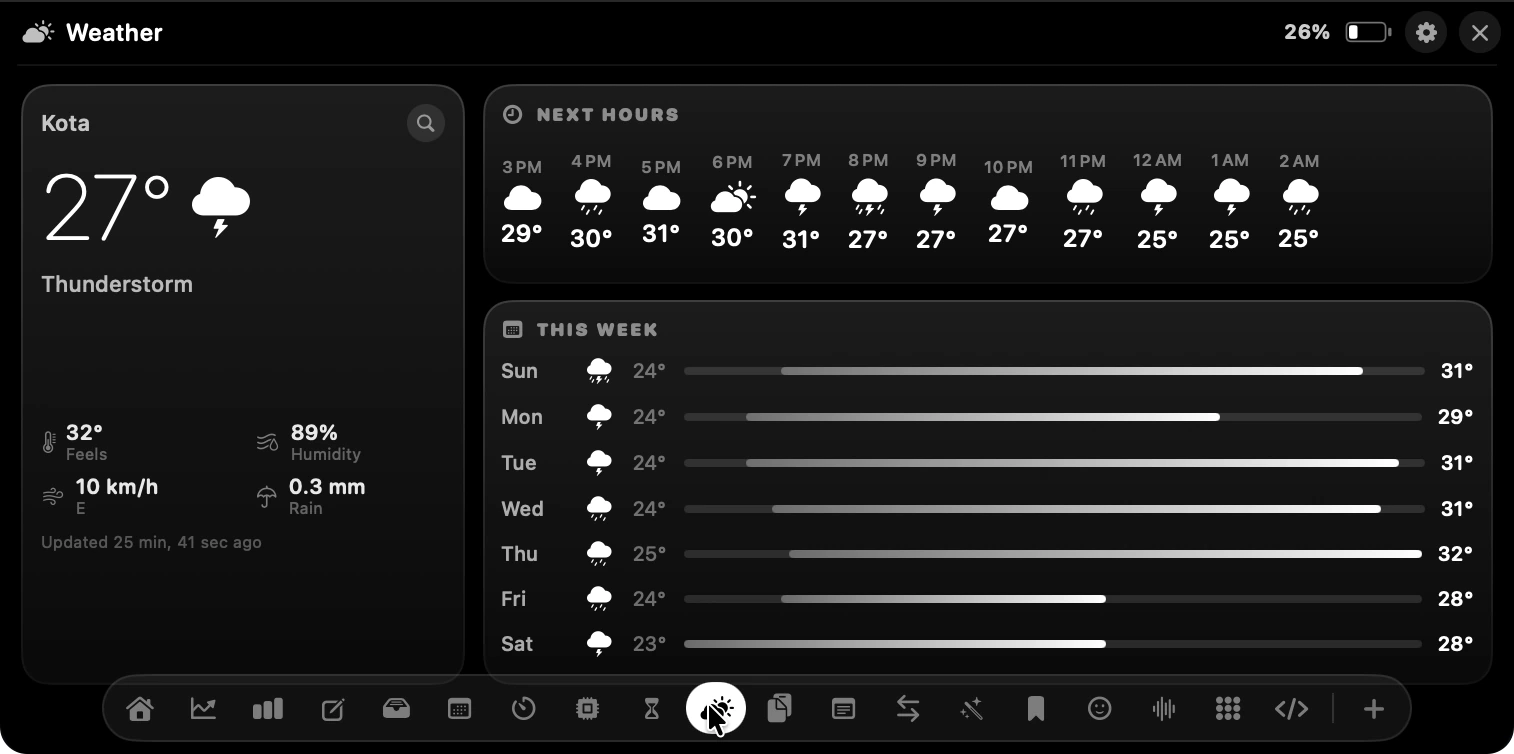 The Weather panel showing current conditions, the next hours and a seven-day forecast
